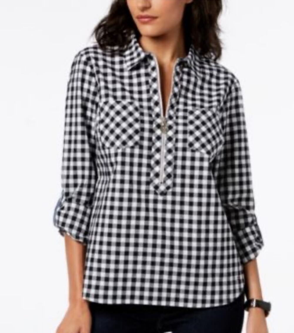 Tommy Hilfiger Black White Check Shirt Half Zip Cotton Preppy Women's XS